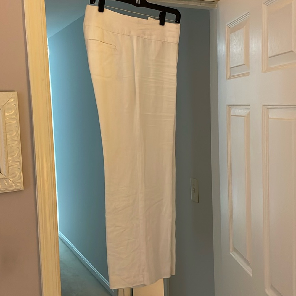 White, linen pants, unlined, wide leg.